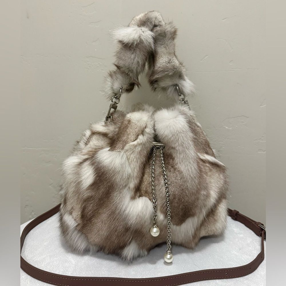 Gorgeous Real Fox Fur Handmade Drawstring Bucket Bag, Includes 2 Strap Styles
